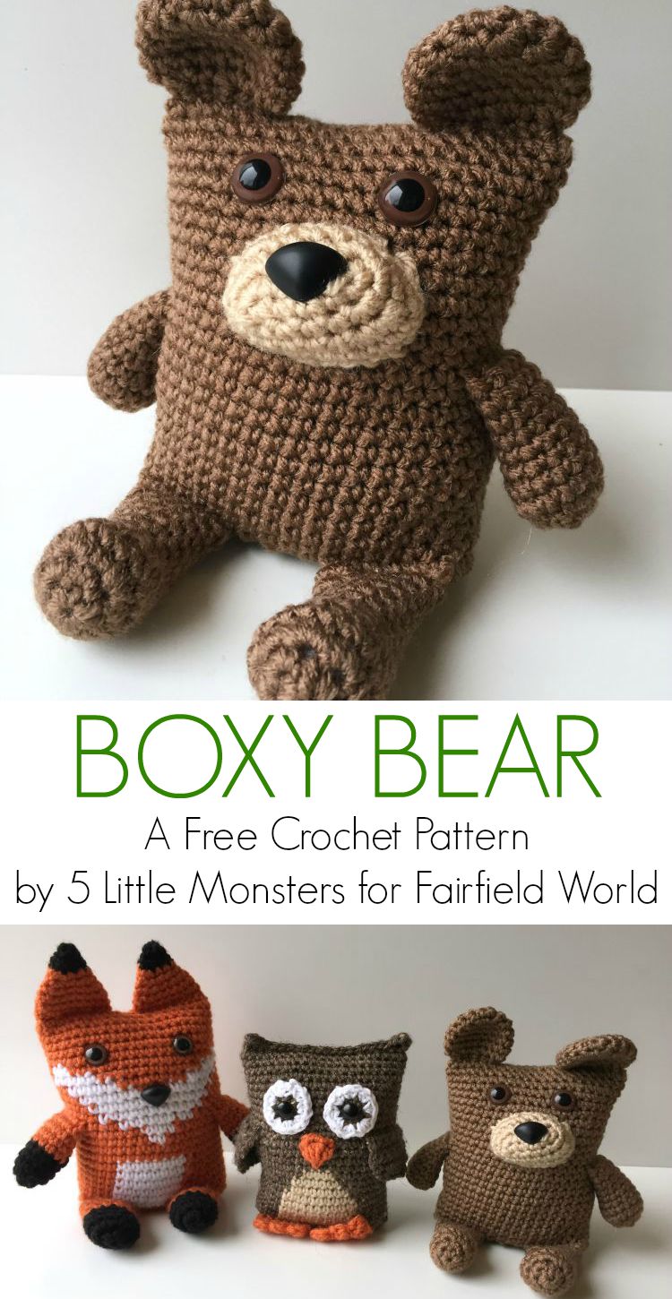 Link to the Boxy Bear crochet pattern. This amigurumi animal is part of a series including a fox and an owl. All three are available as free patterns.