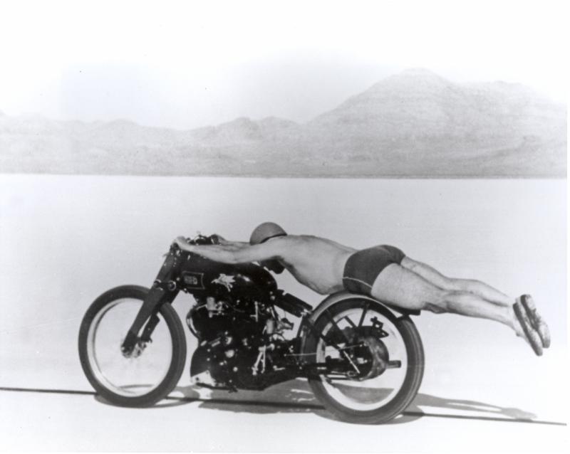 Rollie Free in 1948 riding across the Bonneville salt flats