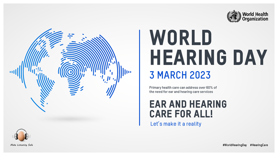 A sound wave covering the world. The logo of Make Listening Safe - an egg with headphones on the right hand side. World Hearing Day 3 March 2023. Primary health care can address over 60% of the need for ear and hearing care services. Ear and Hearing Care for all. Let's make it a reality. #WorldHearingDay #HearingCare