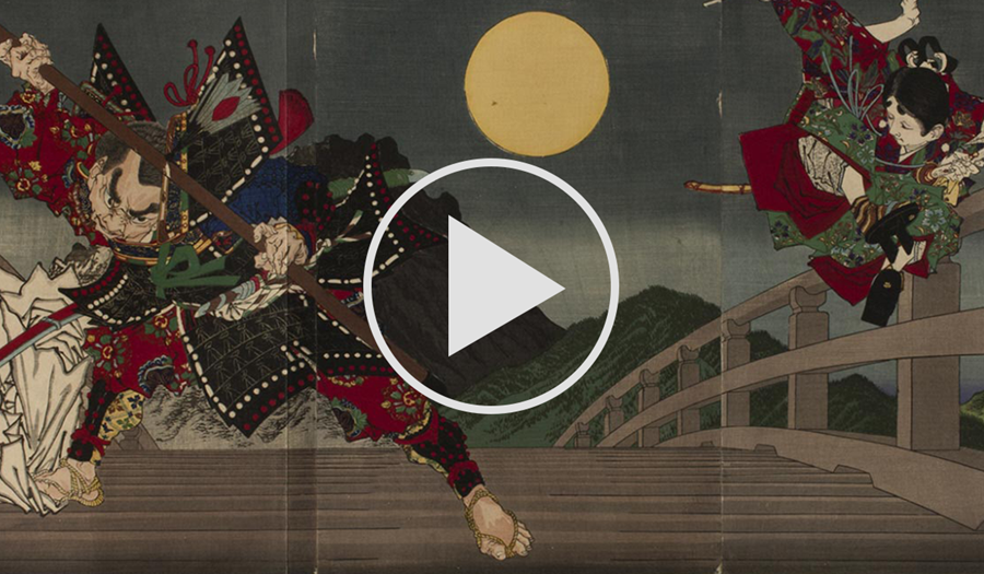 "The Giant Twelfth-Century Warrior-Priest Benkei Attacking Young Yoshitsune for His Sword on the Gojo Bridge" by Tsukioka Yoshitoshi
