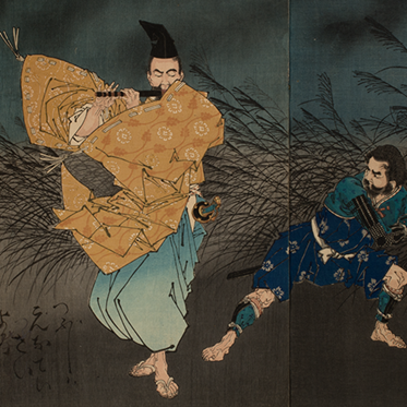 The Heian Poet Yasumasa Playing the Flute by Moonlight, Subduing the Bandit Yasusuke with His Music, 1883, by Tsukioka Yoshitoshi