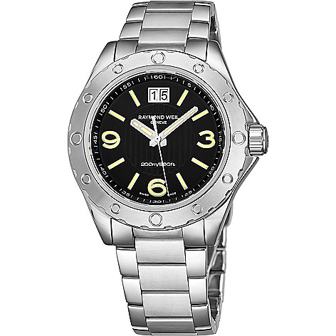 667-024 Raymond Weil Men's 44mm Sport Swiss Quartz Black Dial Silver-tone Stainless Steel Bracelet Watch