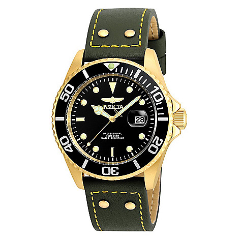 658-361 Invicta Men's 43mm Pro Diver Quartz Gold-tone Date Green Leather Strap Watch