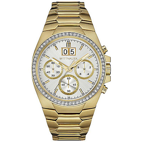660-306 Wittnauer Men's 32mm Quartz Chronograph Crystal Accented Gold-tone Stainless Steel Bracelet Watch