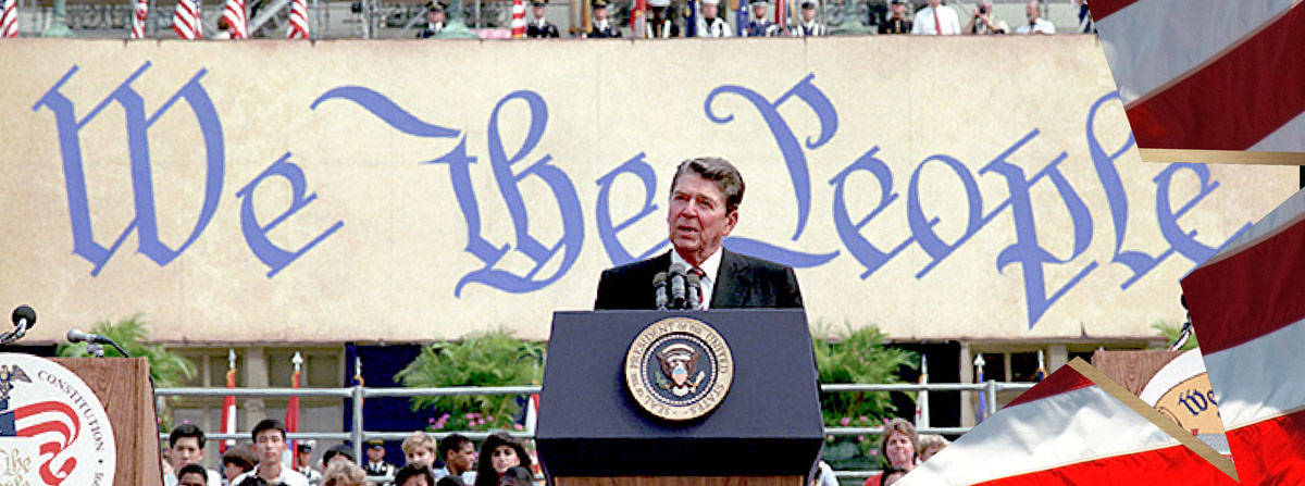 President Reagan speaking at podium while attending the Bicentennial Celebration of the U.S. Constitution at the U.S. Capitol. 9/16/1987 