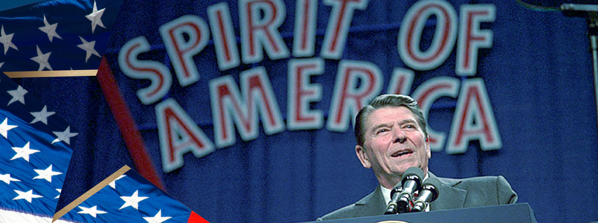 Spirit of America banner and President Reagan at the podium.