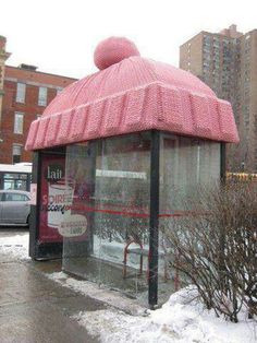 Bus stop yarn bomb hat