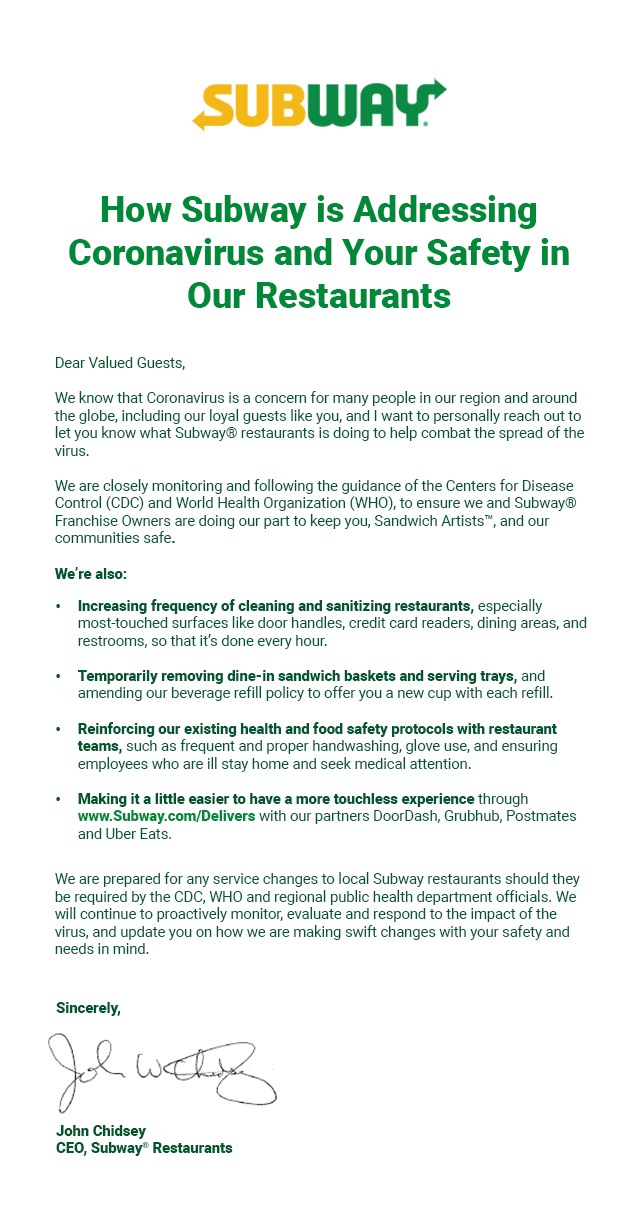 How we are addressing Coronavirus and your safety in our restaurants