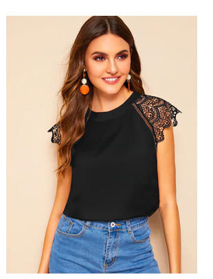 Scallop Trim Lace Contrast Sleeve Tee