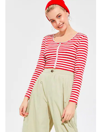 SHEIN Zip Up Striped Rib-Knit Crop Tee SHEIN Zip Up Striped Rib-Knit Crop Tee