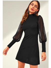 SHEIN Dobby Mesh Leg-Of-Mutton Mock-Neck Rib-Knit Dress SHEIN Dobby Mesh Leg-Of-Mutton Mock-Neck Rib-Knit Dress