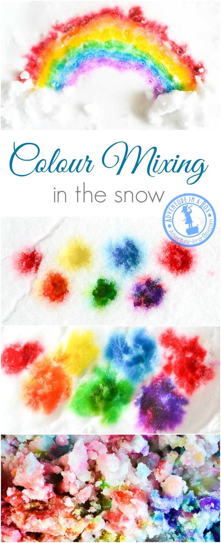 When it's too cold to play with snow outside, bring it inside and open a colour mixing lab with paints in the snow. Fun winter art project for kids!