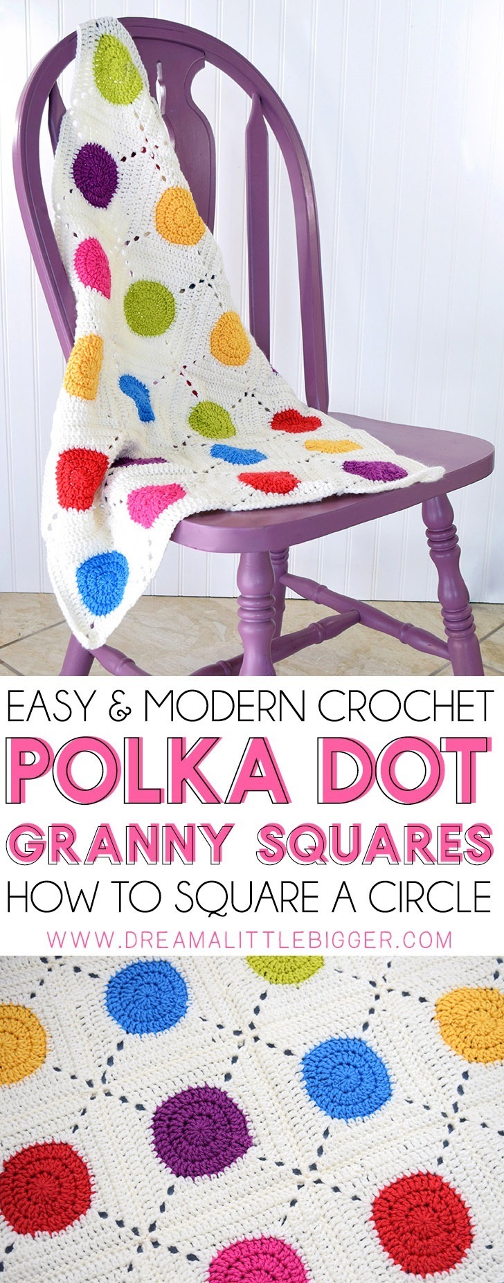 I love modern crochet patterns! This take with a colorful circle encased in white is modern and so fun. Who knew a circle granny square could look so cool!