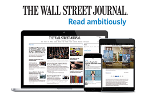 The Wall Street Journal: read ambitiously. Shows the online version open on a tablet, phone, and laptop