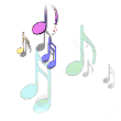 Clip art animation of lots of colorful musical notes zooming in flying toward you from the distance