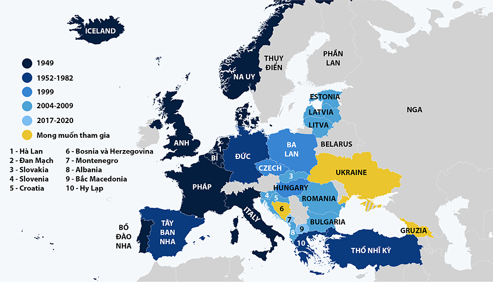 7 thập kỷ NATO đông tiến ở châu Âu. Đồ họa: Statista. Bấm vào hình để xem chi tiết.