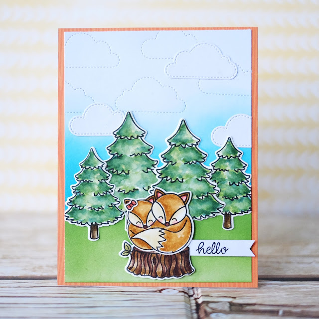 Sunny Studio Stamps: Foxy Friends Hello Card by Lexa Levana (using Fluffy Clouds Dies, Fir Trees & Stump from Seasonal Trees Stamps and Fox from Foxy Christmas Stamps)