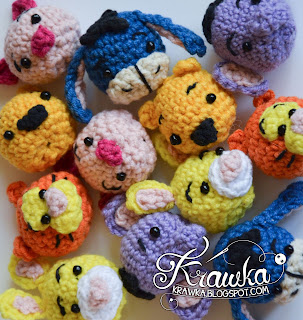 Krawka: Winnie the Pooh and friends -minis crochet free pattern. Pooh, piglet, rabbit, tiger, eeyore, heffalump