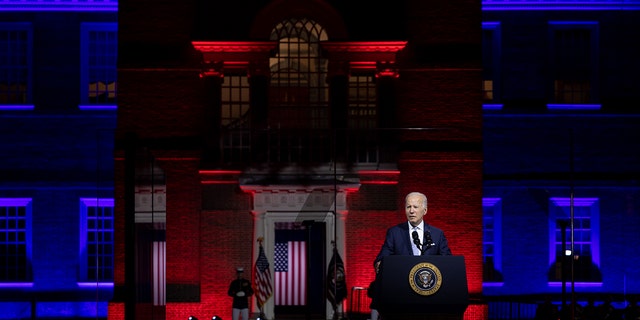 President Biden gives a speech on protecting American democracy in front of Independence Hall in Philadelphia on Thursday, Sept. 1, 2022.