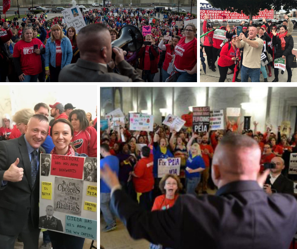 A collage of four photos of Richard Ojeda with striking teachers. Included are photos of Richard speaking to fired up crowds of teachers and school support workers from West Virginia and Los Angeles. A collage of four photos of Richard Ojeda with striking teachers. Included are photos of Richard speaking to fired up crowds of teachers and school support workers from West Virginia and Los Angeles.