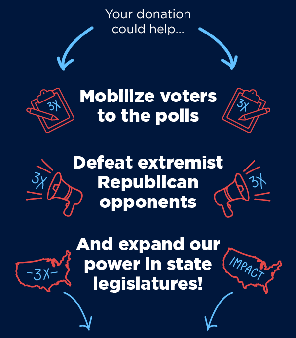 Your donation could help: Mobilize voters to the polls, defeat extremist Republican opponents, and expand our power in state legislatures! Your donation could help: Mobilize voters to the polls, defeat extremist Republican opponents, and expand our power in state legislatures!