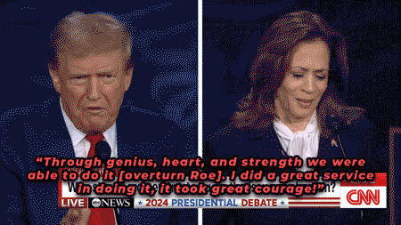 Video of the Presidential debate where Donald Trump takes credit and brags about overturning Roe v. Wade and even says it was "genius" and "a great service" to do so.