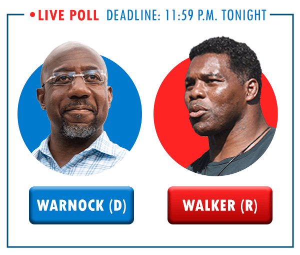 Live Poll Deadline at 11:59PM Tonight with image of Raphael Warnock and Herschel Walker