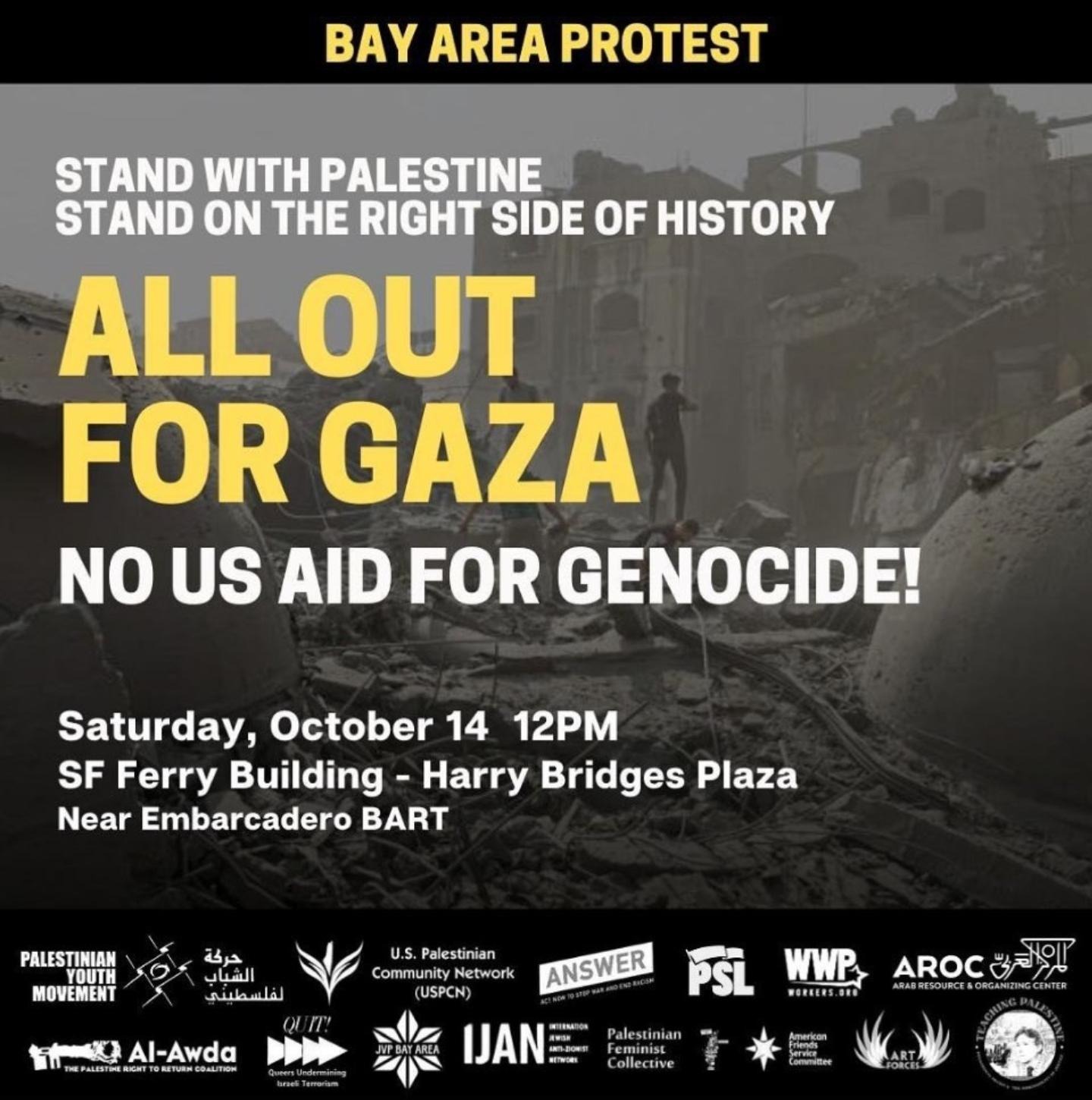 Graphic detailing the time, date, and location of a protest
taking place demanding an end to the genocide taking place in Gaza.
The aforementioned details are included near the beginning of this
email