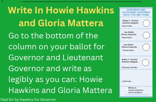 Instructions: Write in Howie Hawkins and Gloria Mattera. Go tothe bottom of the column on your ballot for Governor and LieutenantGovernor and write in as legibly as you can: Howie Hawkins and GloriaMattera.
