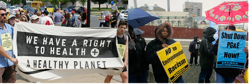 Collage of two images at protests.  On the left, two people hold
a banner that reads \
