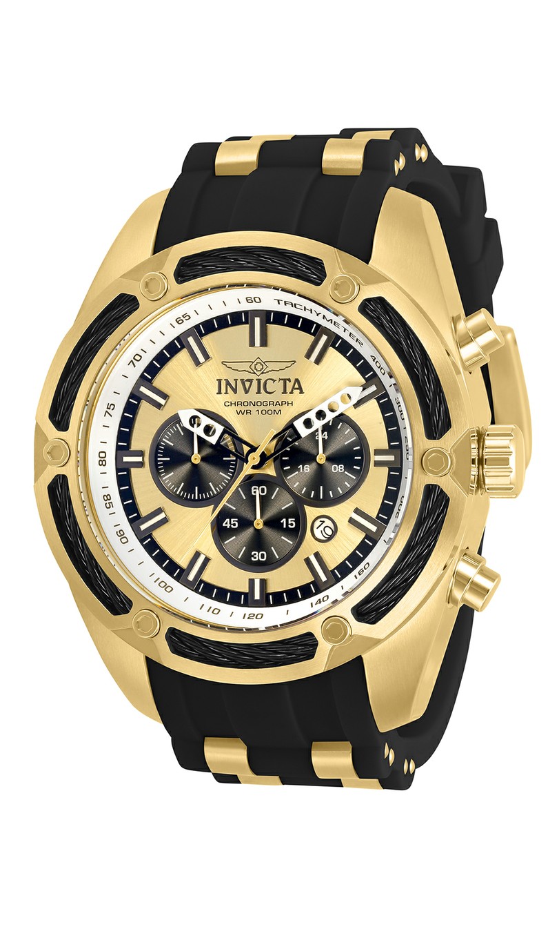 Invicta Bolt Quartz Men's Watch - 52mm Stainless Steel Case, Stainless Steel,Polyurethane Band, Gold, Black (31065)