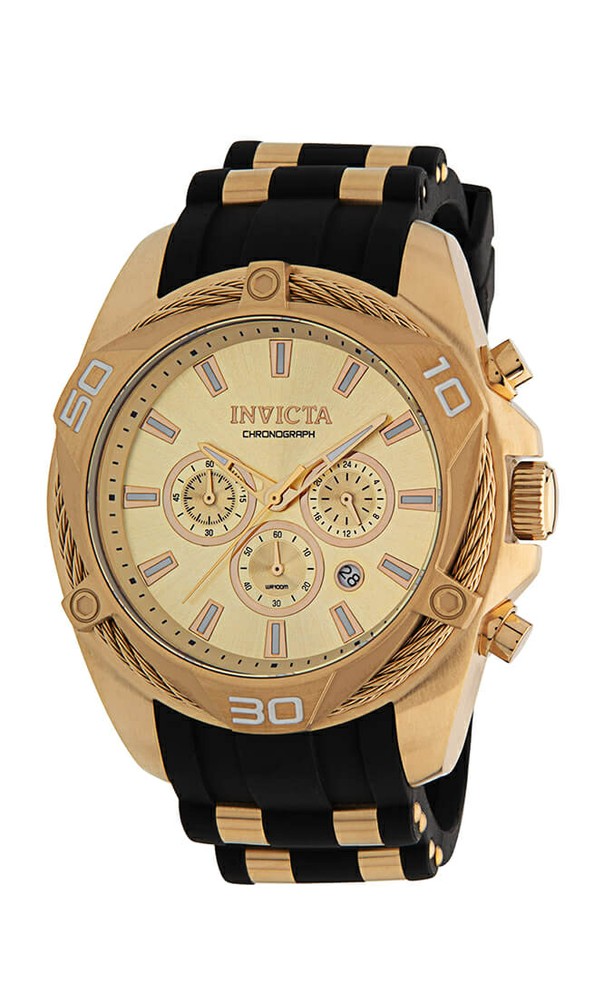 Invicta Bolt Quartz Mens Watch - 50mm Stainless Steel Case, Silicone/SS Band, Black, Gold (34142)