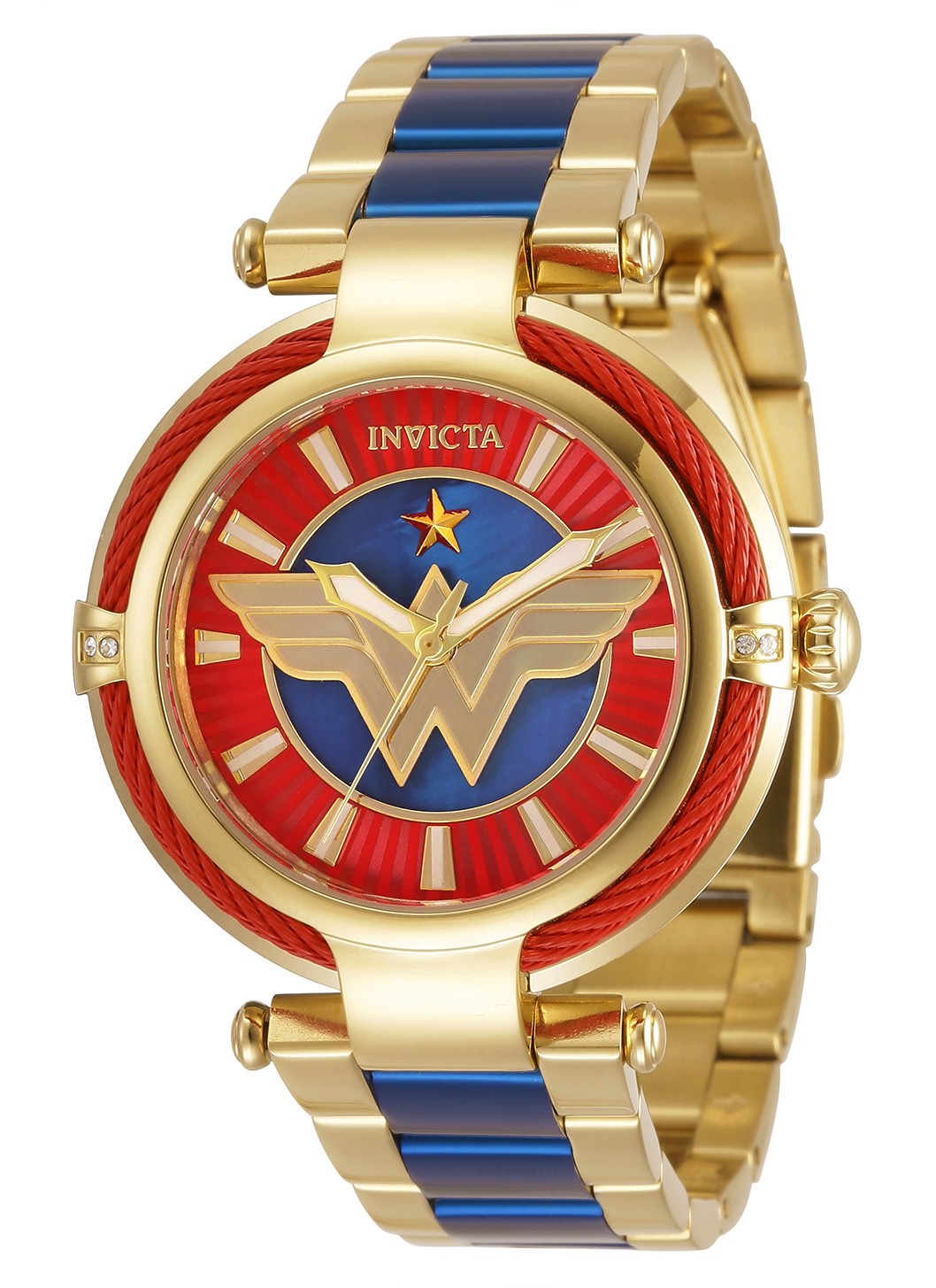 Invicta DC Comics Wonder Woman Quartz Women's Watch - 40mm Stainless Steel Case, Stainless Steel Band, Gold, Blue (34954)