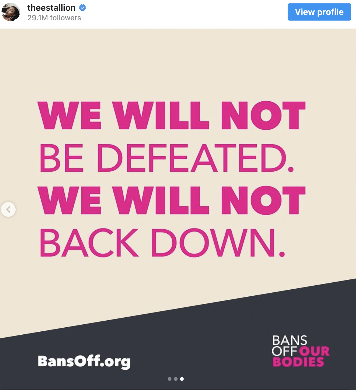 Meg the Stallion instagram photo: We will not be defeated. We will not back down. 