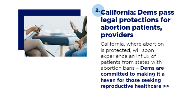 California, where abortion is protected, will soon experience an influx of patients from states with abortion bans —  Dems are committed to making it a haven for those seeking reproductive healthcare >> 2. California: Dems pass legal protections for abortion patients, providers