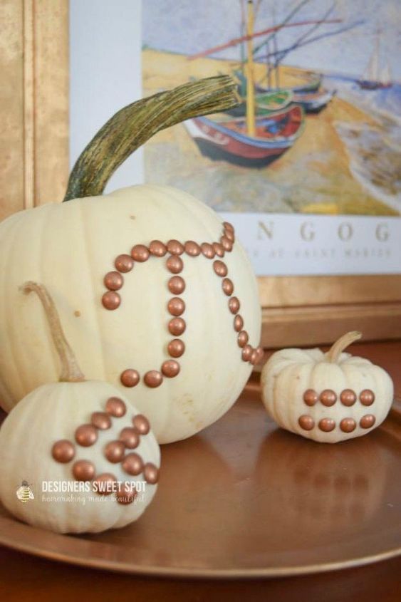 s 13 popular ways to decorate a pumpkin with little or no carving, Push in nail heads for thin lines and designs