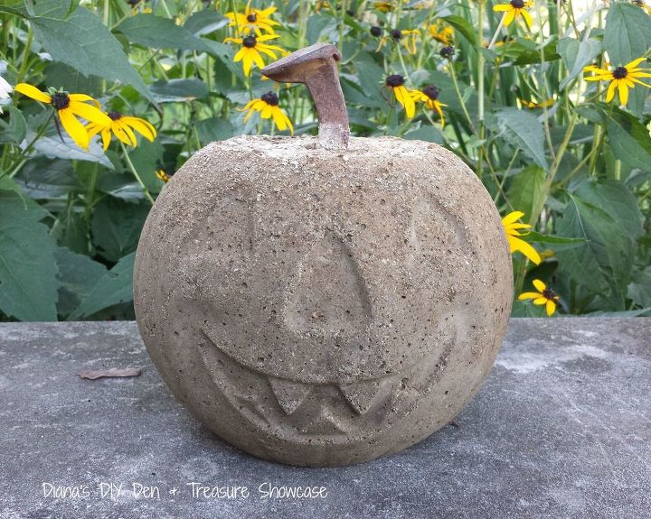 s 13 popular ways to decorate a pumpkin with little or no carving, Make a concrete pumpkin with a plastic bucket