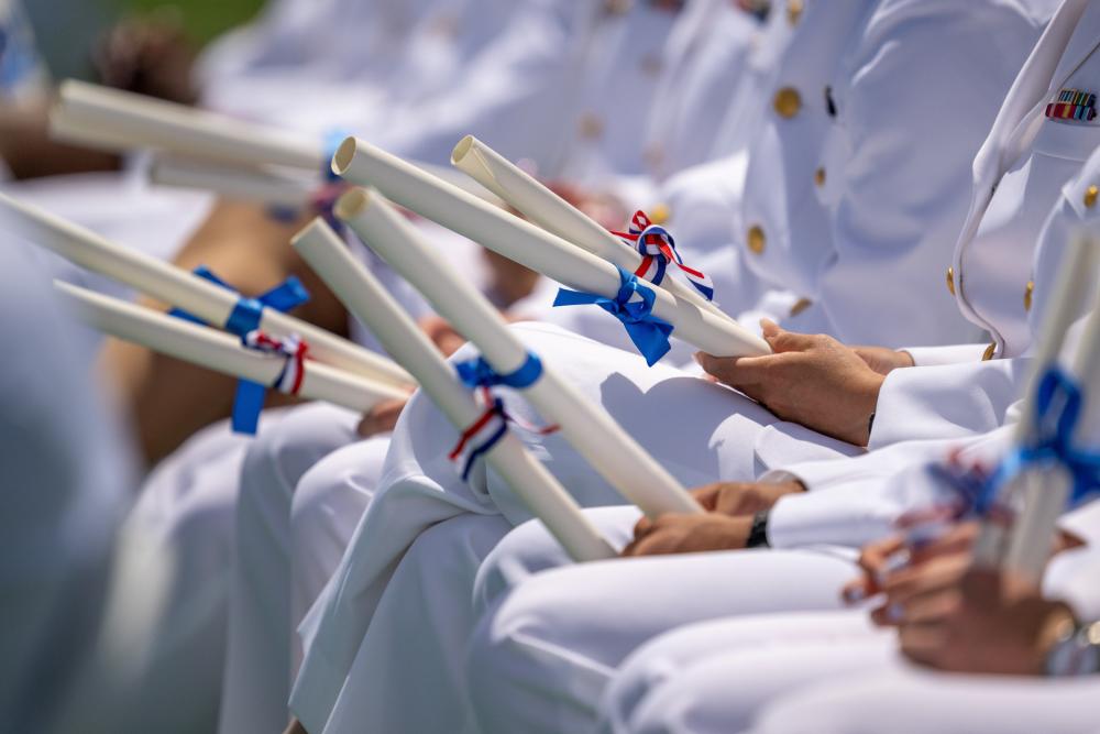 Vice President Kamala Harris delivered the keynote address at the Coast Guard Academy during the 141st Commencement Exercises May 18, 2022. The Coast Guard Academy graduated 252 new officers along with nine international students. (U.S. Coast Guard photo courtesy of Mr. David Lau)