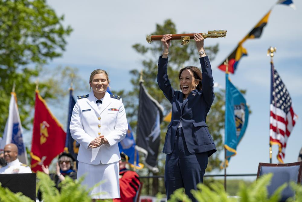 Vice President Kamala Harris delivered the keynote address at the Coast Guard Academy during the 141st Commencement Exercises May 18, 2022. The Coast Guard Academy graduated 252 new officers along with nine international students. (U.S. Coast Guard photo by Petty Officer 3rd Class Matthew Thieme)