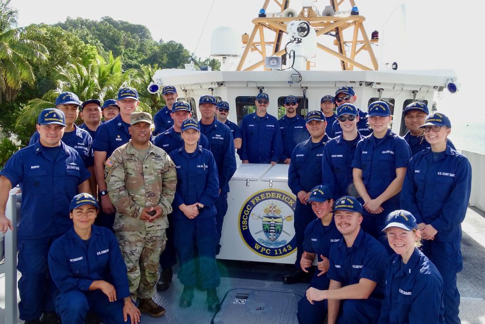 The crew of the USCGC Frederick Hatch (WPC 1143) arrive in Kosrae, Federated States of Micronesia, on Dec. 15, 2022, and also brought Staff Sgt. Gary Likiak, U.S. Army and part of the local FSM embassy team, home for the first time in six years.