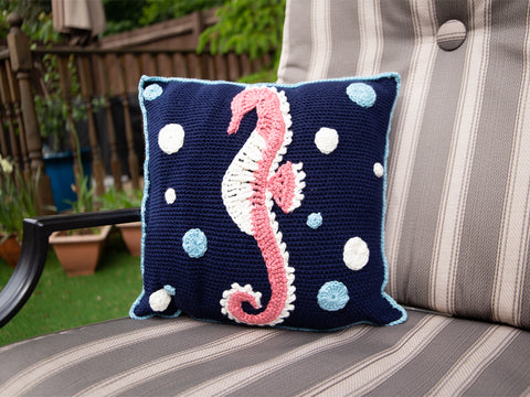 Seahorse Cushion Crochet Kit and Pattern in Deramores Yarn