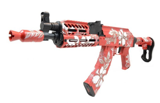 An image of a floral-themed AK-47-style pistol sold by Palmetto State Armory