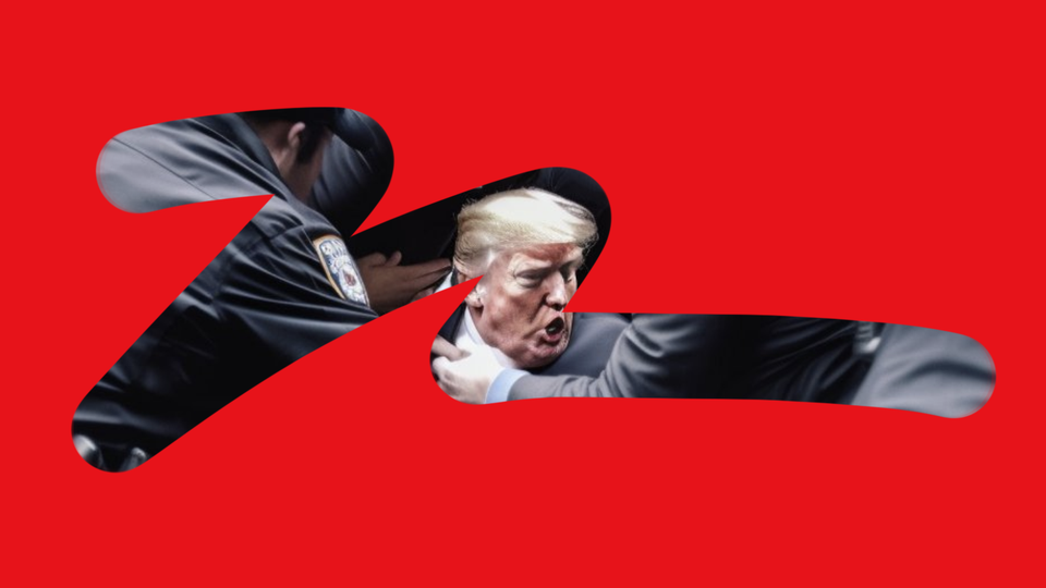 A squiggly line on a red backdrop that reveals part of an AI-generated image of Trump being arrested by police