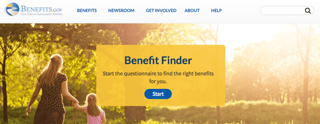 Screenshot of the Benefits.gov homepage including a highlight of the Benefit Finder tool saying 