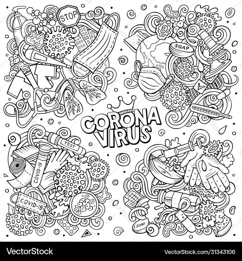 Doodles cartoon set coronavirus objects Royalty Free Vector