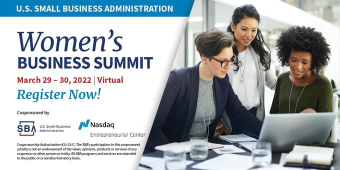 Photo of three people around a laptop with the following text, Virtual Women's Business Summit on March 29-30, 2022