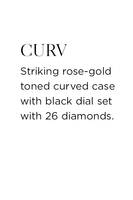 CURV - Striking rose-gold toned curved case with black dial set with 26 diamonds.