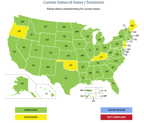 Map of the current status of states/territories with Real ID Act compliance