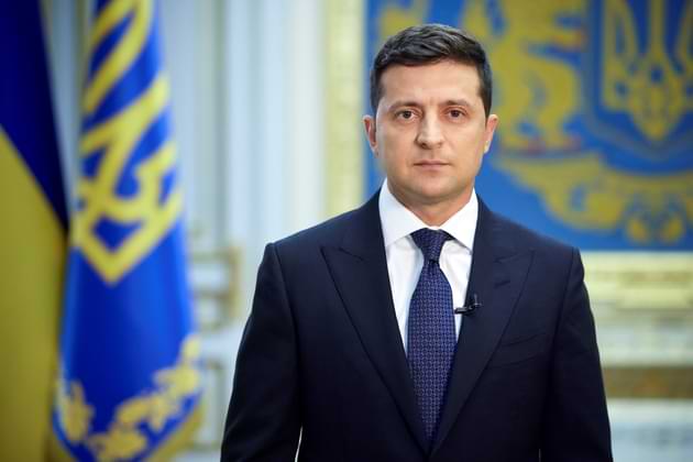 In this photo taken Saturday, Sept. 19, 2020 and provided by the Ukrainian Presidential Press Office, Ukrainian President Volodymyr Zelenskiy records his speech to the founding members of the United Nations in Kyiv, Ukraine, to mark the 75th anniversary of the Organization. (Ukrainian Presidential Press Office via AP)
