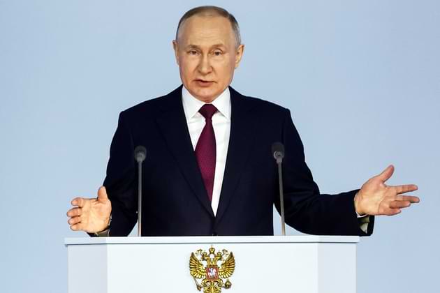 Russian President Vladimir Putin gestures as he gives his annual state of the nation address in Moscow, Russia, Tuesday, Feb. 21, 2023. (Dmitry Astakhov, Sputnik, Kremlin Pool Photo via AP). The Russia–Ukraine war is approaching its one-year anniversary.